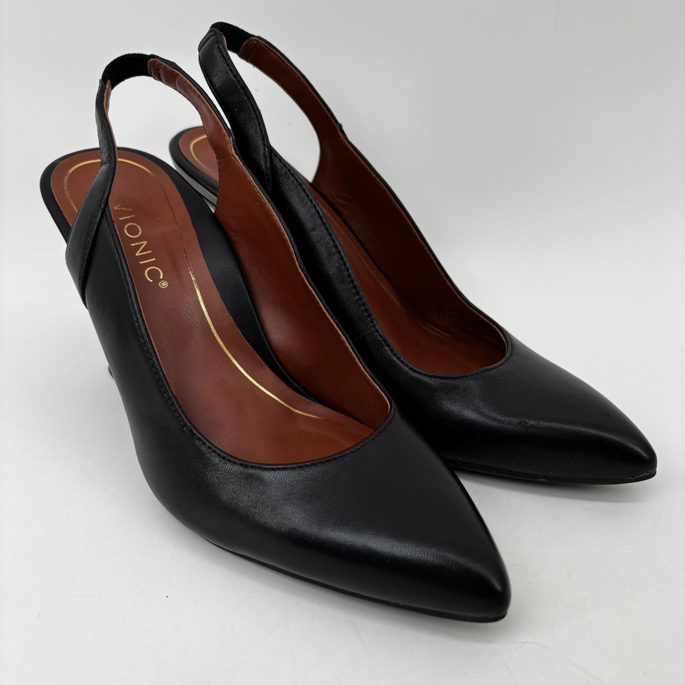 Vionic Adalena Black Leather Slingback Pointed Toe Flared Heel Pumps Size 5